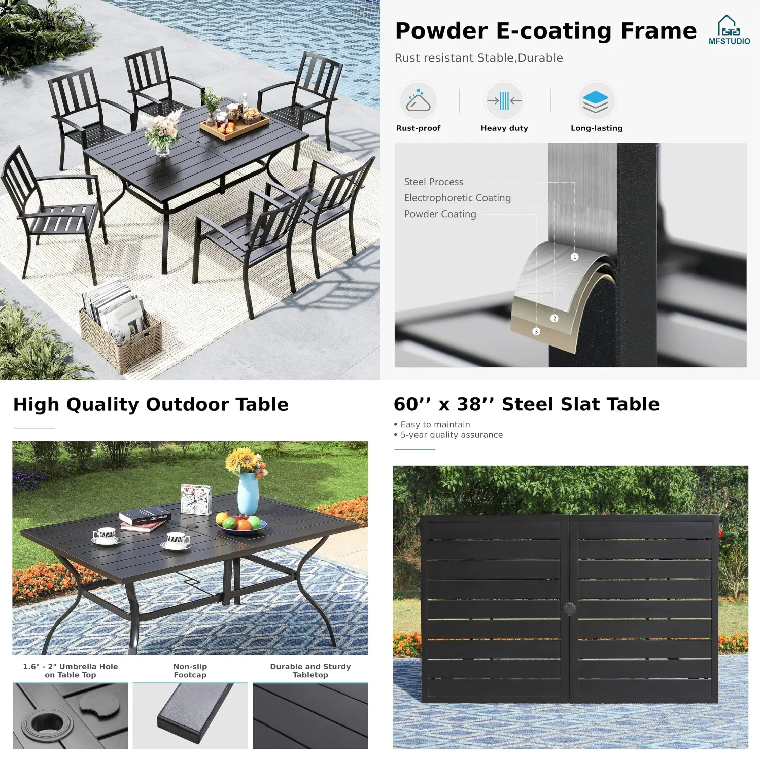 

7-местный металлический обеденный комплект для улицы с отверстием для зонта, для террасы, двора, зоны у бассейна, сада, на заказ