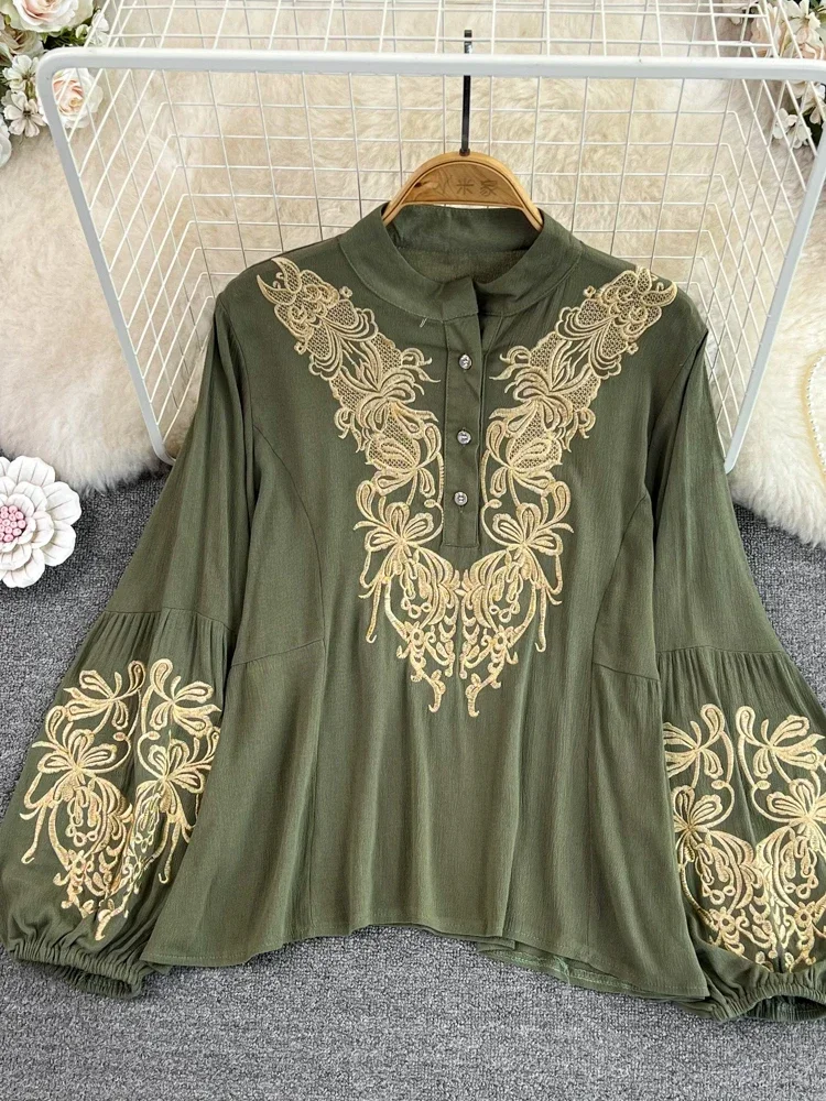 Women Spring Blouse Retro Ethnic Style Lantern Long Sleeve Round Neck Embroidered Loose Cotton Linen Shirt Casual Top D3548