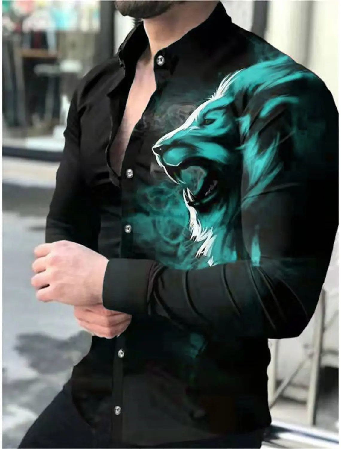 Men\'s Shirt Graphic Shirt Animal Lion Turndown 3D Print  Long Sleeve Button-Down Clothing Apparel Fashion Designer Breathable