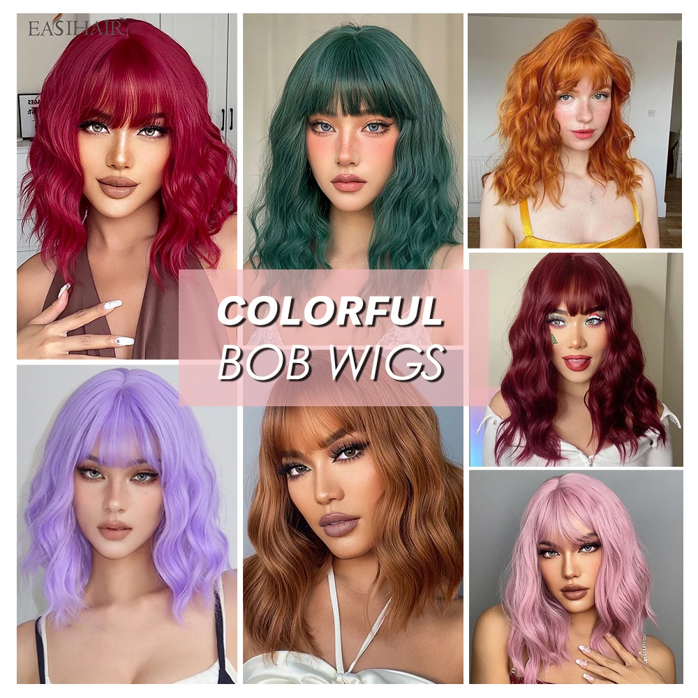 Short Bob Synthetic Wigs with Bangs Green Curly Wave Women Wigs Colorful Halloween Cosplay Party Hair Wigs Heat Resistant Fibers