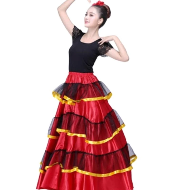Mulheres elegantes saia de dança de flamenco em camadas saia longa espanhol touro dança saia de dança do ventre performances traje