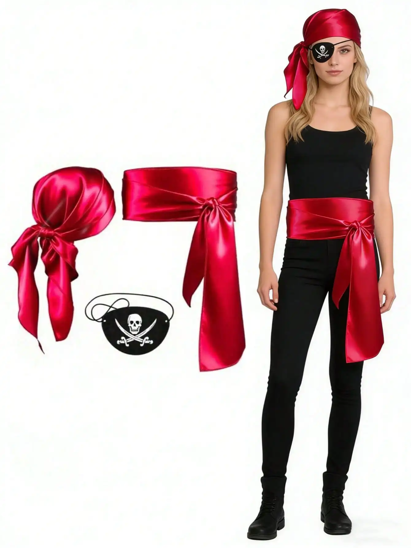 1-3pcs Halloween Satin Pirate Headscarf Belt Felt Skull Eyepatch Fun Cosplay Medieval Renaissance Pirate Costume