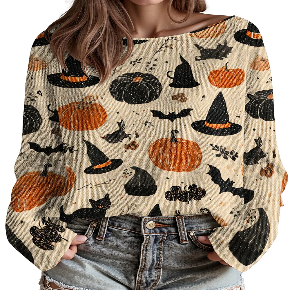 

Women's Sweater 2025 Halloween Knitted Jumpers Classic-Fit Long Sleeve Streetwear Pullover Tops 13