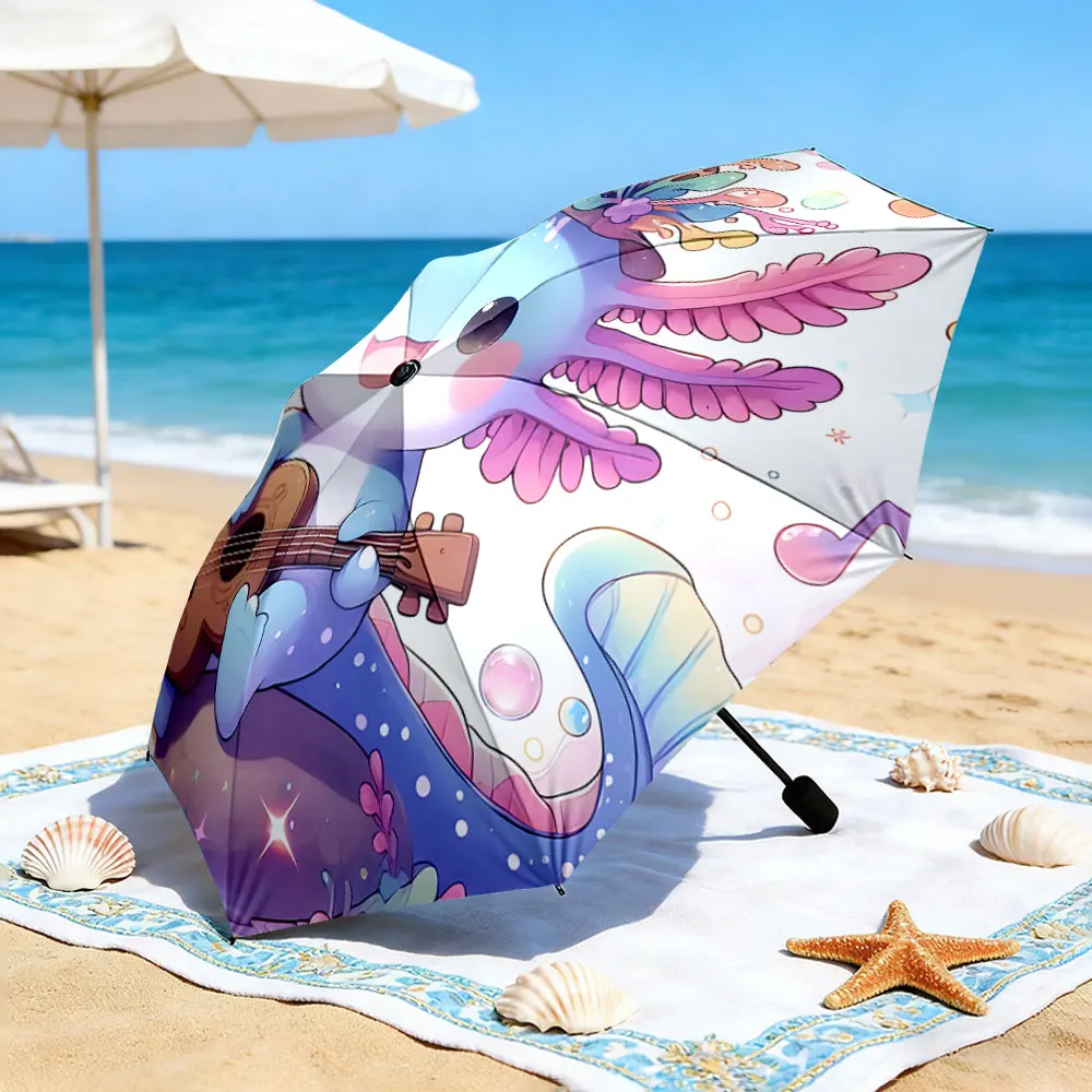 1PC Cute Axolotl Playing Ukulele on a Colorful Umbrella Print 8 Iron Ribs Folding Umbrella Auto-Open Fashion Sunshade
