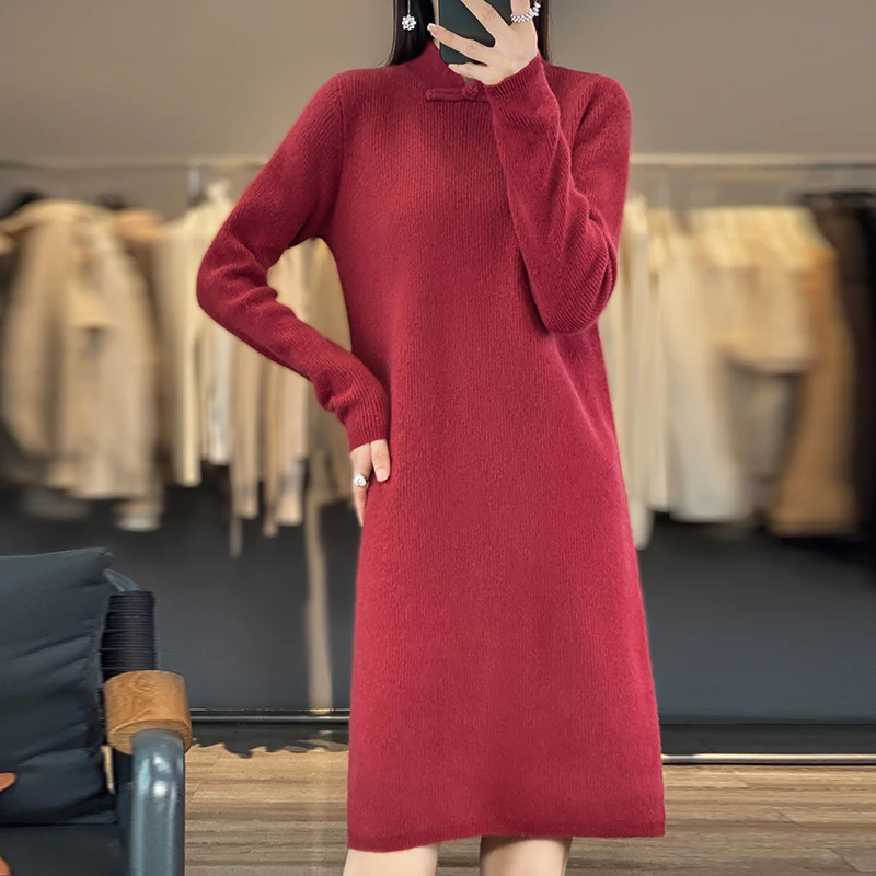 

2023 Autumn/Winter New Dress Women's 100% Pure Wool Knitted Standing Neck Long Sweater Pullover Fashion Chinese Cashmere Dress