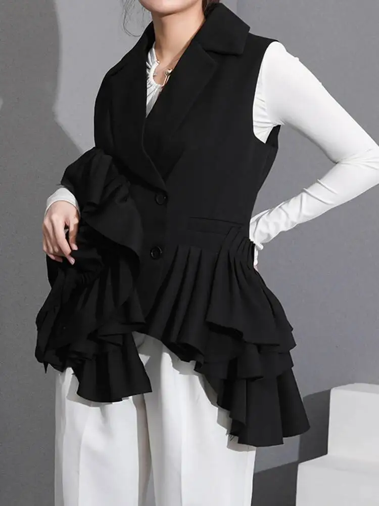 

Black Women Loose Fit Irregular Ruffles Casual Vest New Lapel Sleeveless Fashion Spring Autumn 2026 1DHCEFA