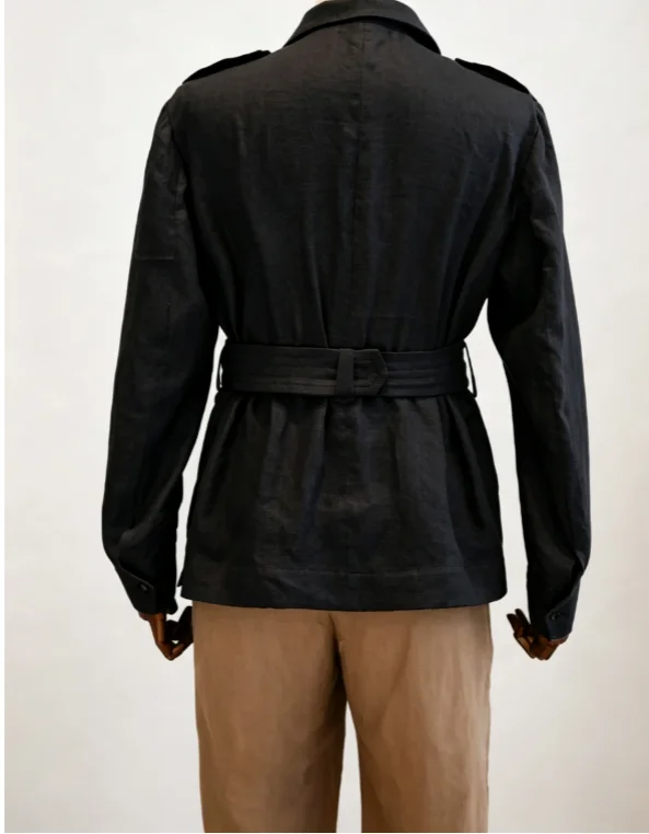 Solid Black Linen Safari Jacket Two Tone 2 Piece Men Suit Adjustable Waist Belt Multi Cargo Pocket Blazer Khaki Pants Customized