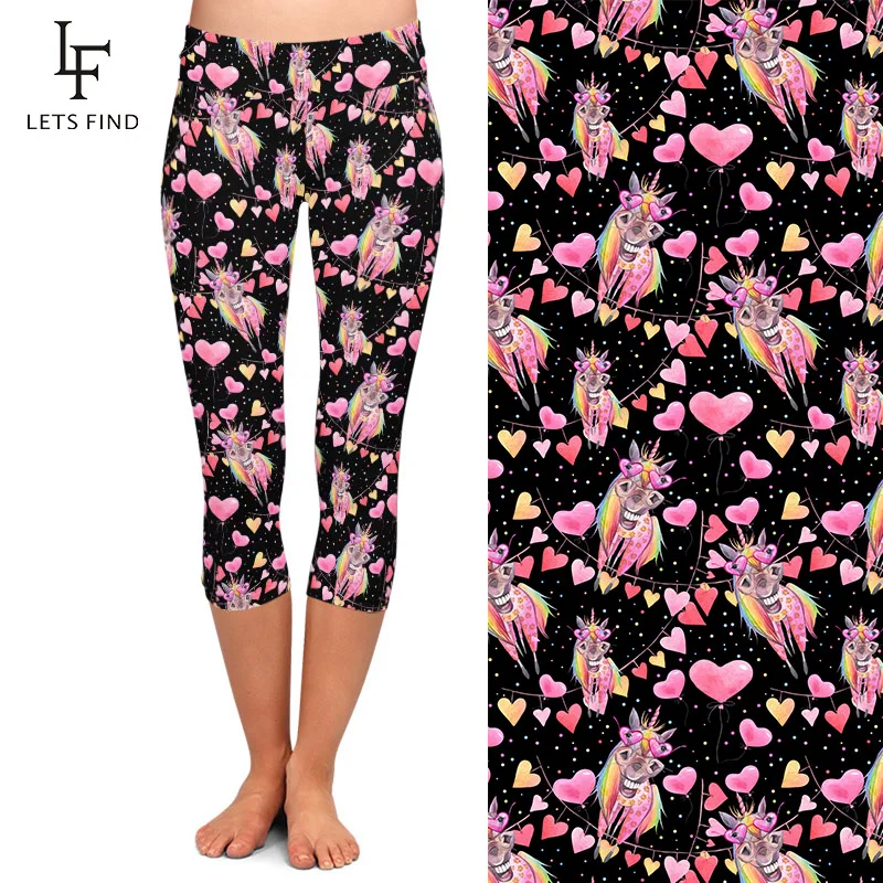 LETSFIND 220gsm Double Side Brushed Milk Silk Print Women Capri Leggings Unicorns and Balloon Print High Waist  Legging