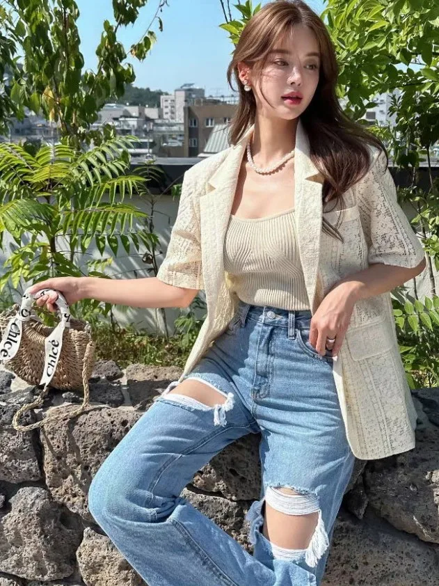 

Casual Summer New Sle Women's Jaet Thin ort Sve Versatile High End Feeling Lace Embroidery Suit Ele Aos...