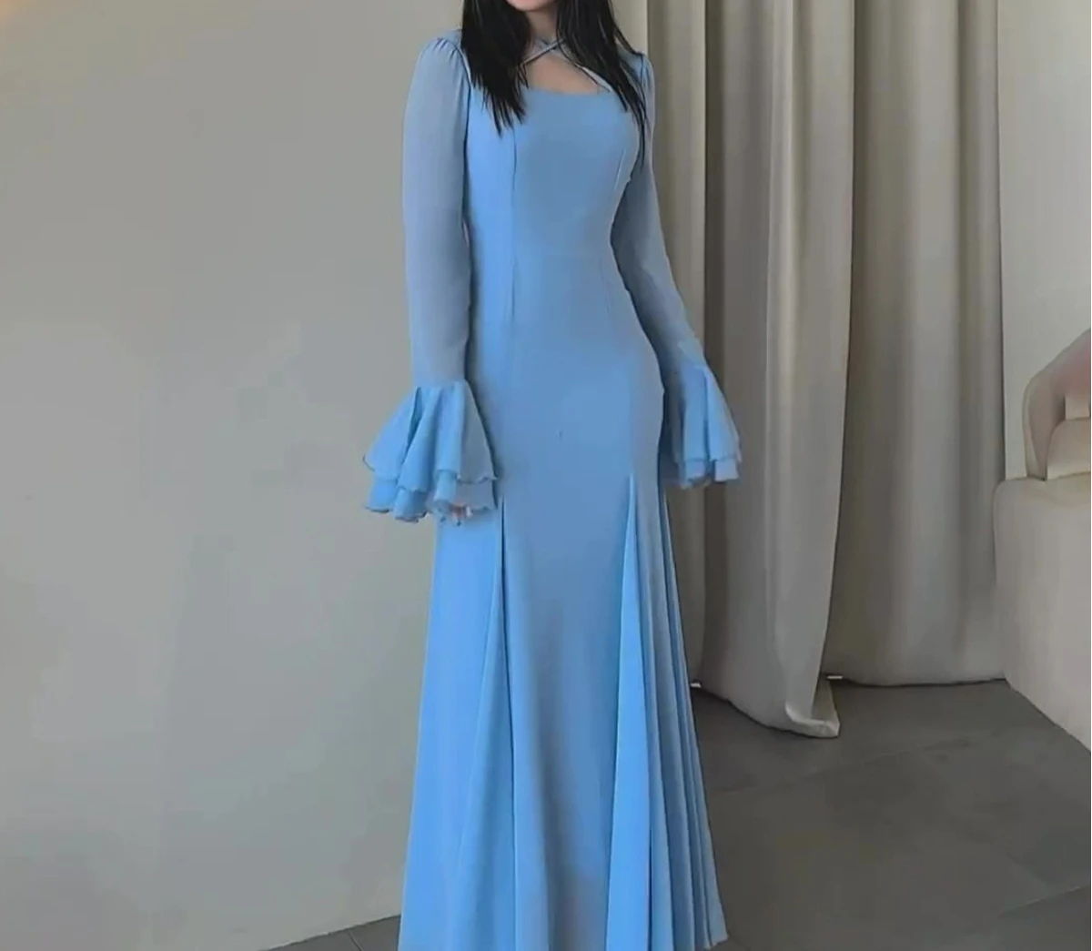 

2026 Autumn Gentle Wind Chiffon Gentle Lotus Leaf Elegant Strap Slim Dress