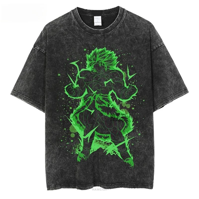 Dragon Ball Retro T-Shirt aus gewaschener Baumwolle für Herren, Oversize, lässig, grüner Aura Super Saiyan Broly Aufdruck, Unisex, Kurzarm, Streetwear