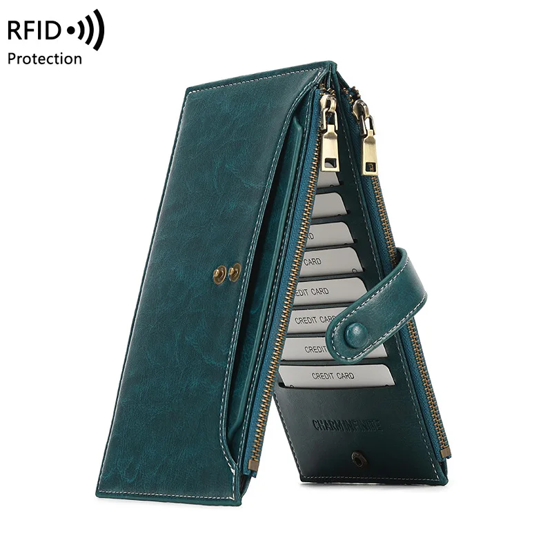 Western RFID Blocking Multi-card Slot Double Zipper Women Phone Bag Large Capacity PU Leather Card Holder for Mens