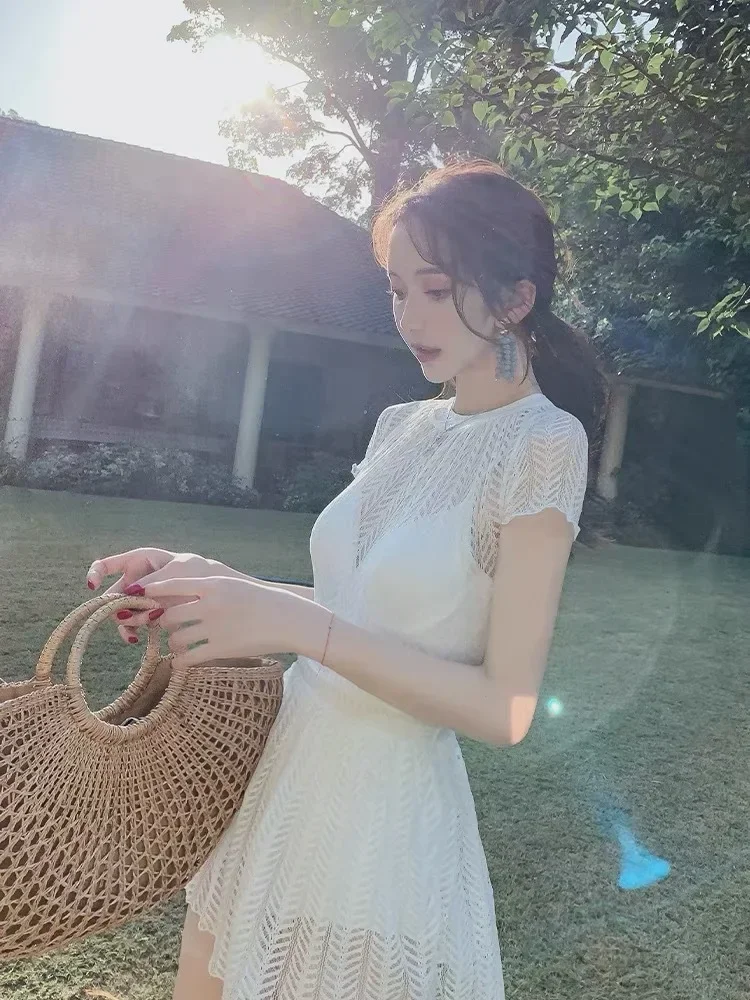 Women's Clothing 2023 Summer New Solid Color Spliced Lace Sexy Thin Fashion Vacation Casual Short Sleeve Swimwear - Image 2