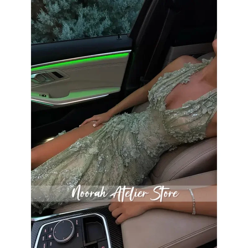 Gran oferta, Vestidos de graduación con cuello Halter de color verde salvia, apliques de lentejuelas de encaje Floral, vestido de noche Sexy con cuello en V, Vestidos largos de Dubái con abertura alta