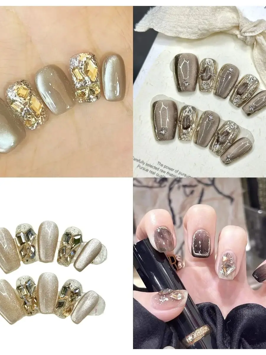 French Flash Light Luxury Press On Nails Medium Long T Fake Nails Short Square False Nails Full Covered Coffee Colorful Girl