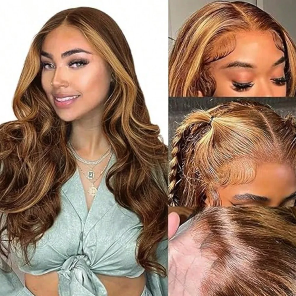 

200% Density 32 Inch 4/27 Highlight Body Wave Brazilian Human Hair Wig HD Transparent 13x4 Body Wave Part Lace Front Wig