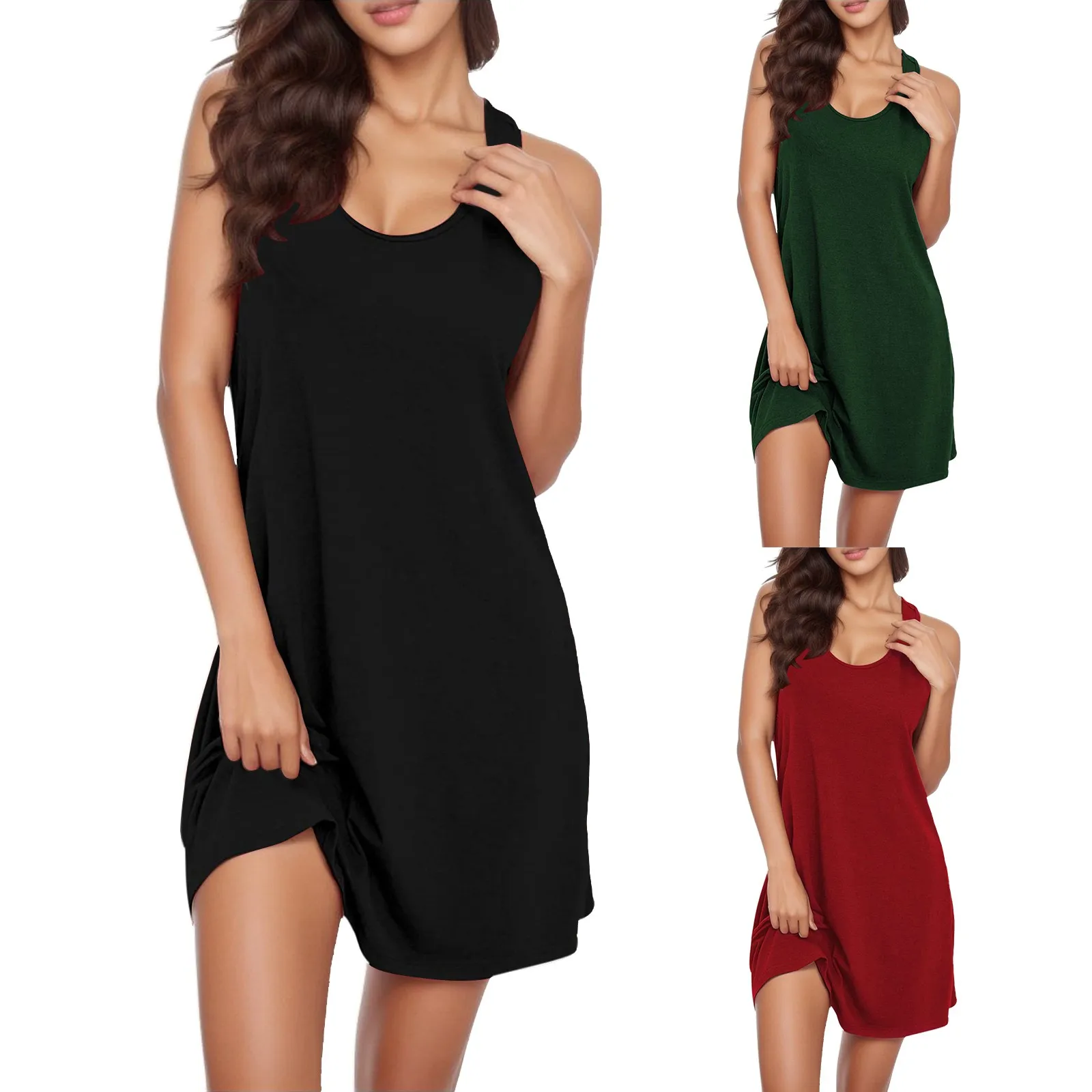 2024 Women Summer Casual Swing T-Shirt Dresses Beach Cover Up With Pockets Solid Color Loose T-shirt Dress Oversize Beach Party