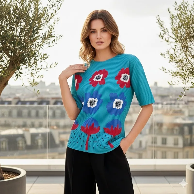 

Miyake Small Flowers Printed T-shirt Fashion Loose Versatile Casual Pleats Round Neck Top Thin 2026 Spring New Women's Clothing