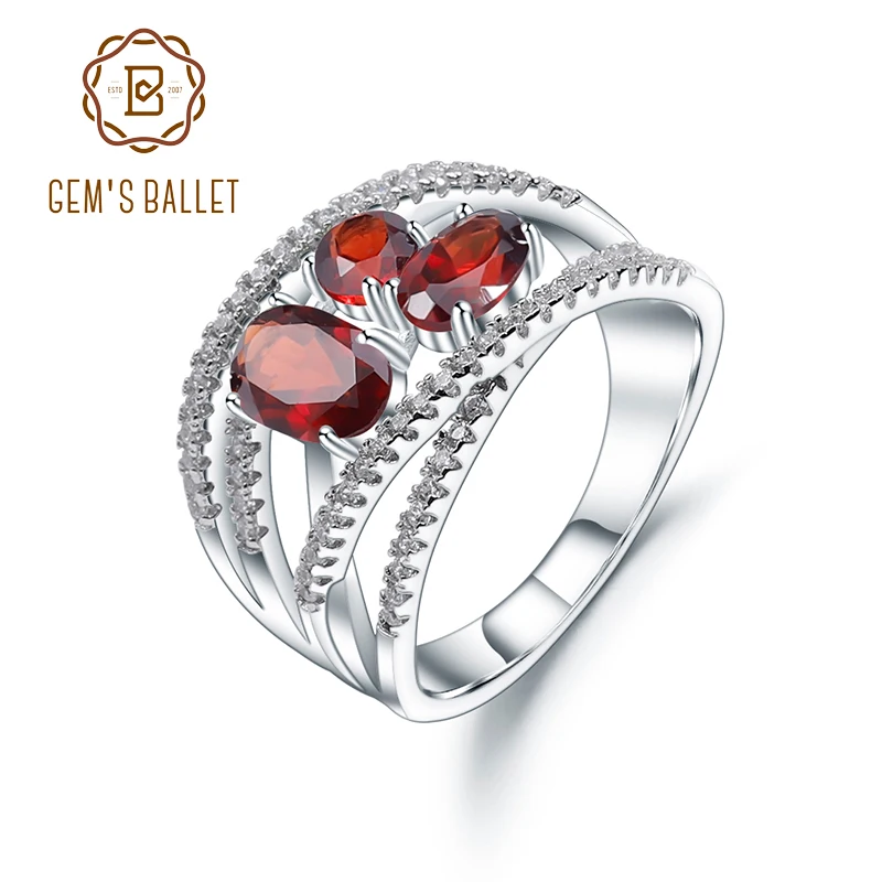 

GEM'S BALLET 1.87Ct Natural Red Garnet Finger Rings 925 Sterling Silver Criss-Cross Pavé Gemstone Ring For Women Fine Jewelry