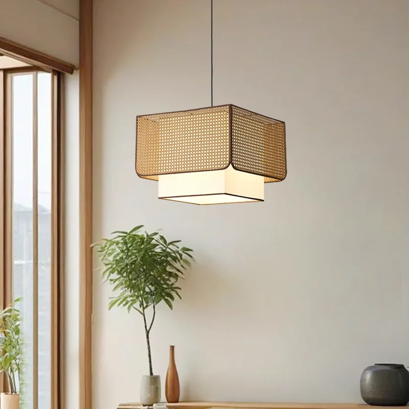 Japanese Retro Minimalist Rattan Pendant Light Restaurant Light Dining Table Shop Decoration Cloth Cover Creative Hanging Lamp