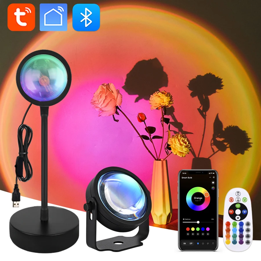 

Лампа проектора Tuya Smart Sunset, светодиодный прожектор RGB с приложением Smart Life и ИК-пультом дистанционного управления для вечеринок, фотографий и декора ночного освещения