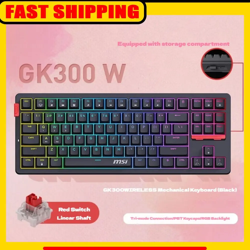 MSI FORGE GK300W Keyboard Mekanik Nirkabel Tiga Mode untuk Gaming dan Kantor, Hot Swap, Keycaps PBT, Lampu RGB, Gasket, Ergonomis