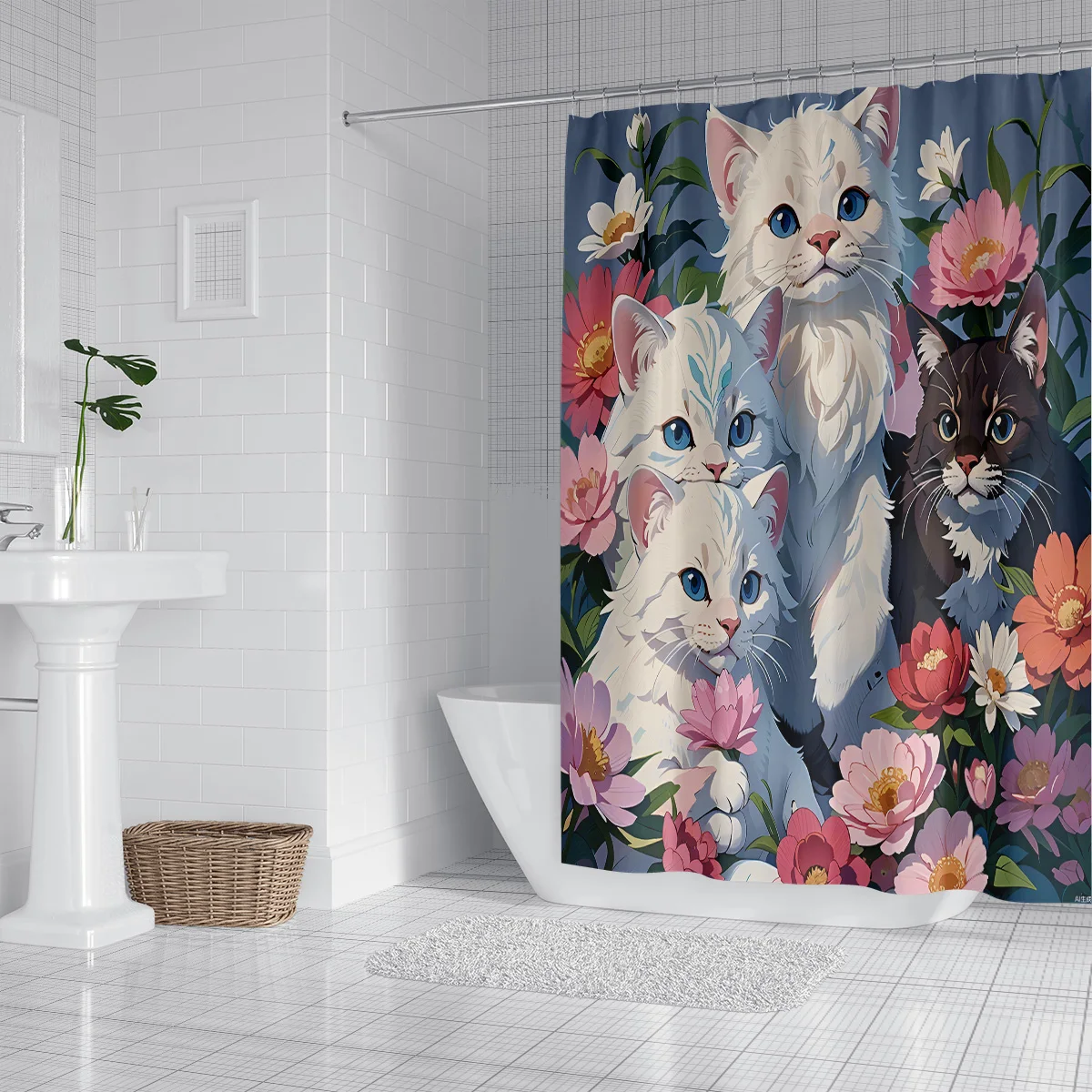 1PC Cute Kitten Series Pattern Shower Curtain,3D Embossed Washable Waterproof Shower Curtain,12 hooks,Family Bathroom Decoration