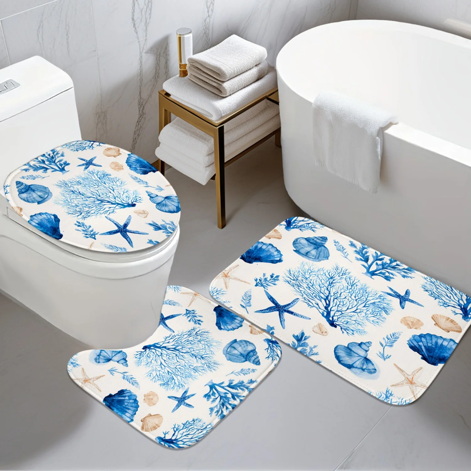 

3pc Blue and white ocean style shell starfish coral pattern U-shaped mat non-slip mat toilet lid mat suitable for bathroom