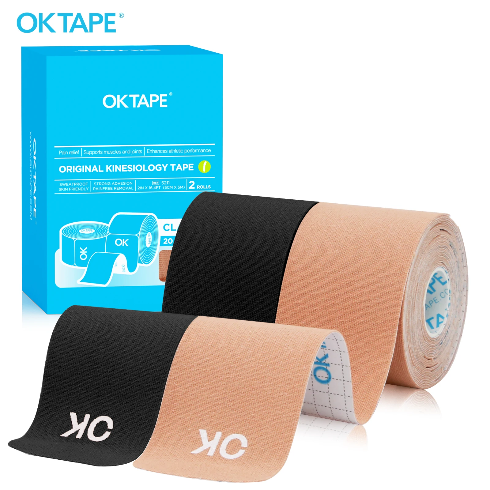 2 Rolls OK TAPE Updated Kinesiology Tape, New Packaging 5cm x 5m, 25cm Precut 20 Strips, Cotton Elastic Athletic Tape Latex Free