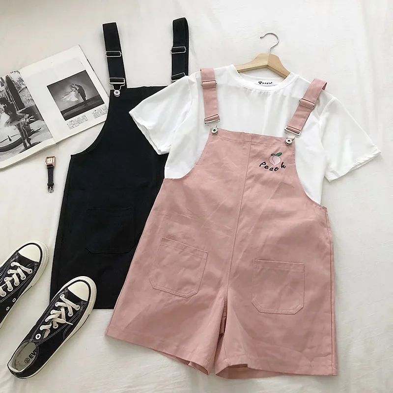 

Rompers Women Adjustable Strap Pockets Feminino Korean Sweet Chic New Ins Embroidery Print Simple Casual Loose All-match Kawaii