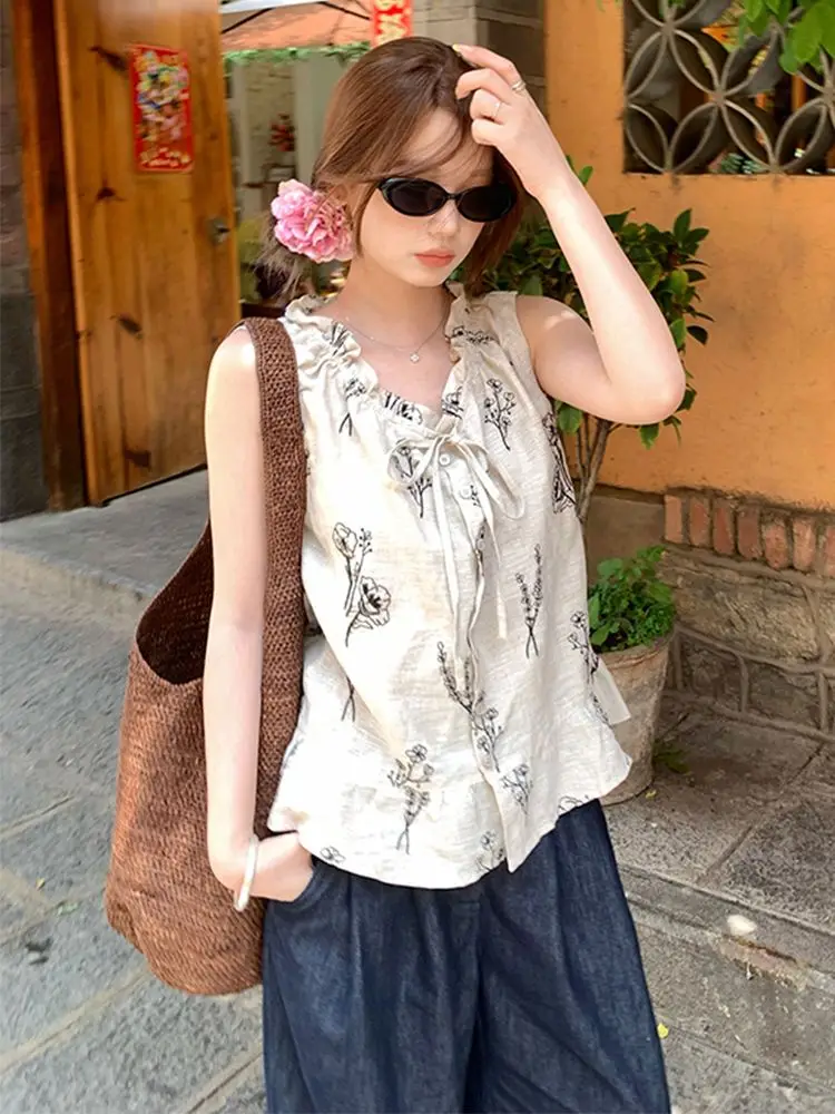 

2026 Retro Unique Beautiful Ramie Shirt Women Summer Embroidered Ruffle Tie Design Super Stylish Sleeveless Top