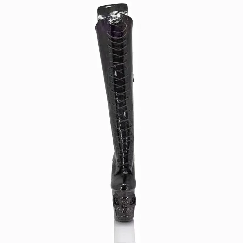 Black Patent Thigh High Boots, Skeleton Bone Heel Carved Platform Gothic Pole Dance Boots 20cm High Heels