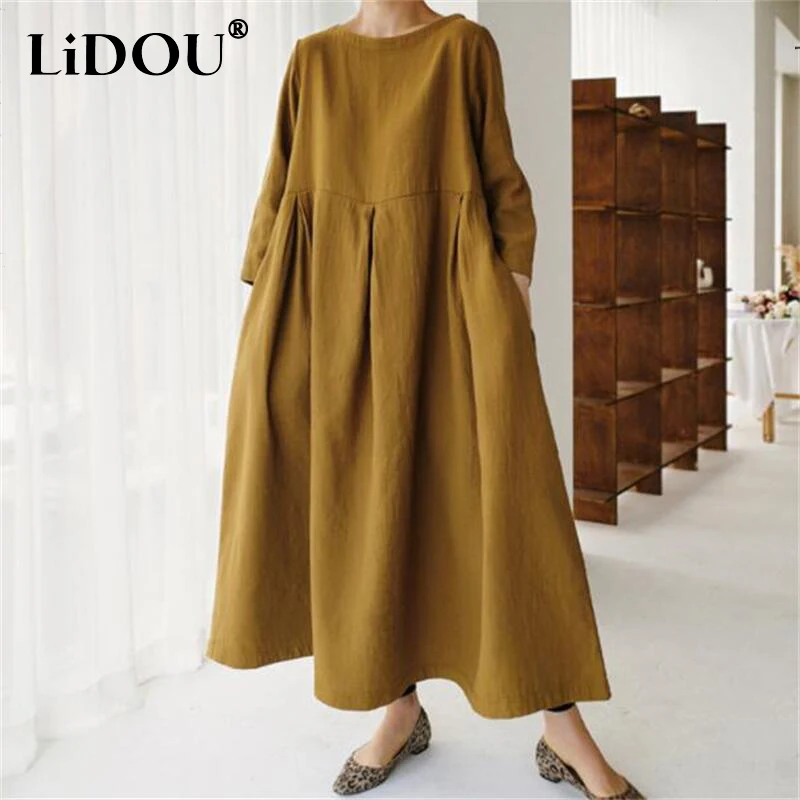 Frühling Herbst frauen Literarischen Vintage Einfarbig Casual Robe Weibliche Rundhals Baumwolle Leinen Komfortable Kleid Damen Vestidos