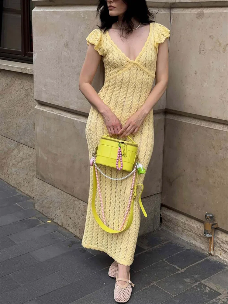 LIinar Gerüschtes, ausgehöhltes Strickkleid für Damen, V-Ausschnitt, modisches Patchwork, durchsichtiges Strand- und Urlaubskleid, Strickwaren, Damenkleid