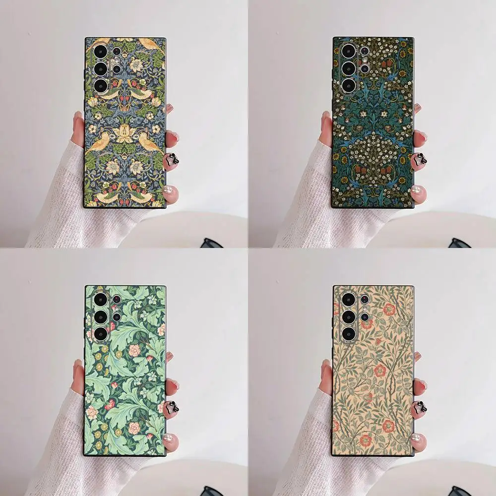 William Morris Strawberry Thief Design Phone Case For Samsung S25,S24,S21,S22,S23,S30,Ultra,S20,Plus,Fe,Lite,5G Black Cover