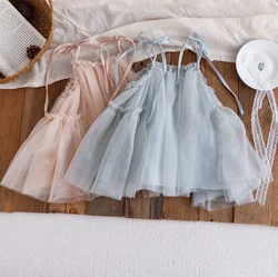 New Infant Girls Summer Solid Mesh Sling Dress, Newborn Princess Kids Cute Party Birthday Dress 0-3T