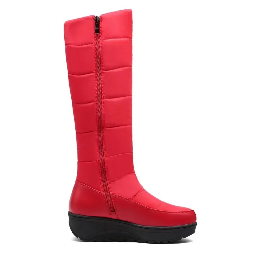 Women Warm Fur Mid-calf Snow Boots Round Toe Red Black Down Crystal Dec Party Travel Lady Wedge Platform Winter Plush Half Boots