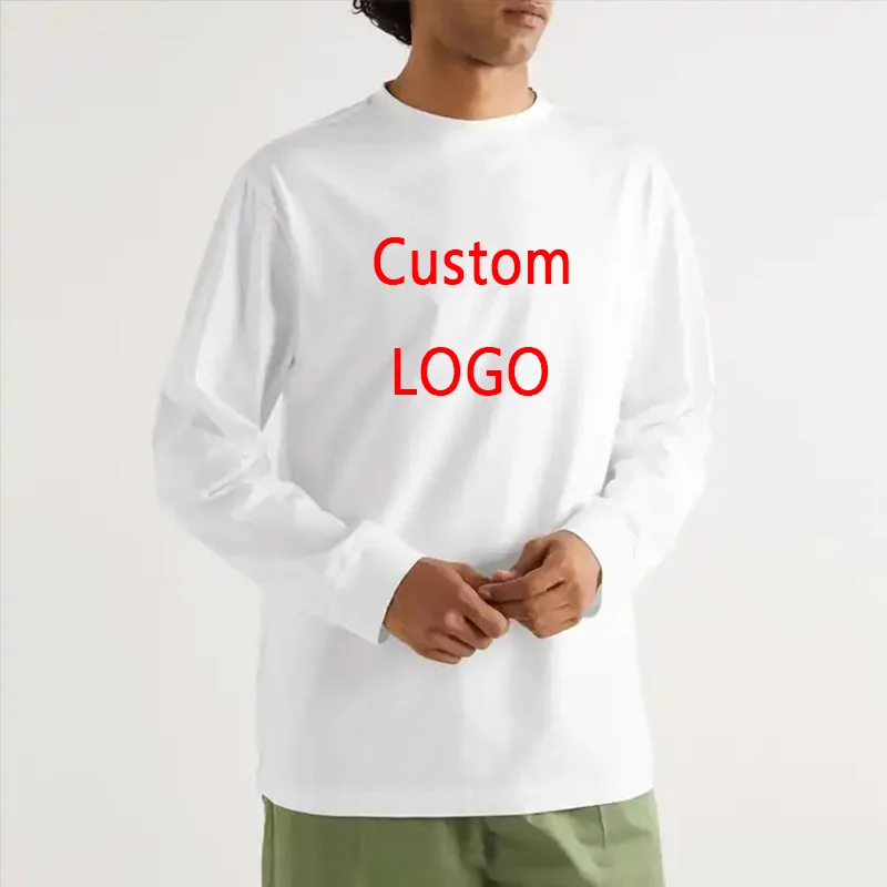 DIY Custom LOGO 260GSM 100% Cotton Heavy Weight Oversized Men T-shirt Long sleeves Pure Color For Winter Autumn Streetwear Tops