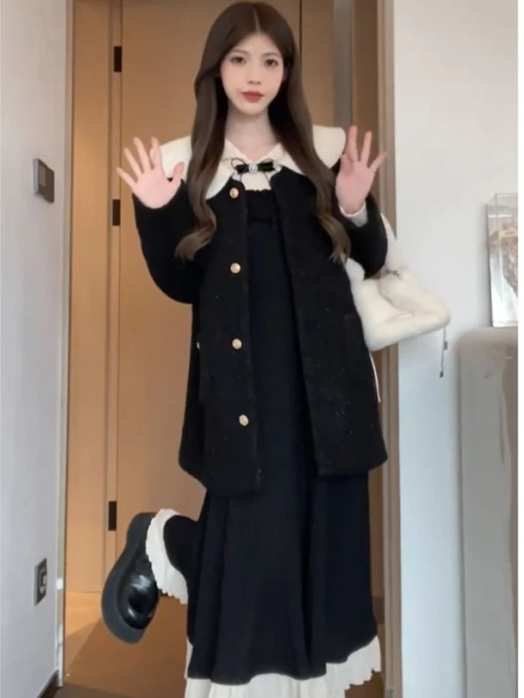 Vestido coreano de dos piezas de imitación de retazos suaves estilo Hepburn, vestidos adelgazantes que se ajustan a la cintura para mujer, nuevos trajes de moda de invierno 2025