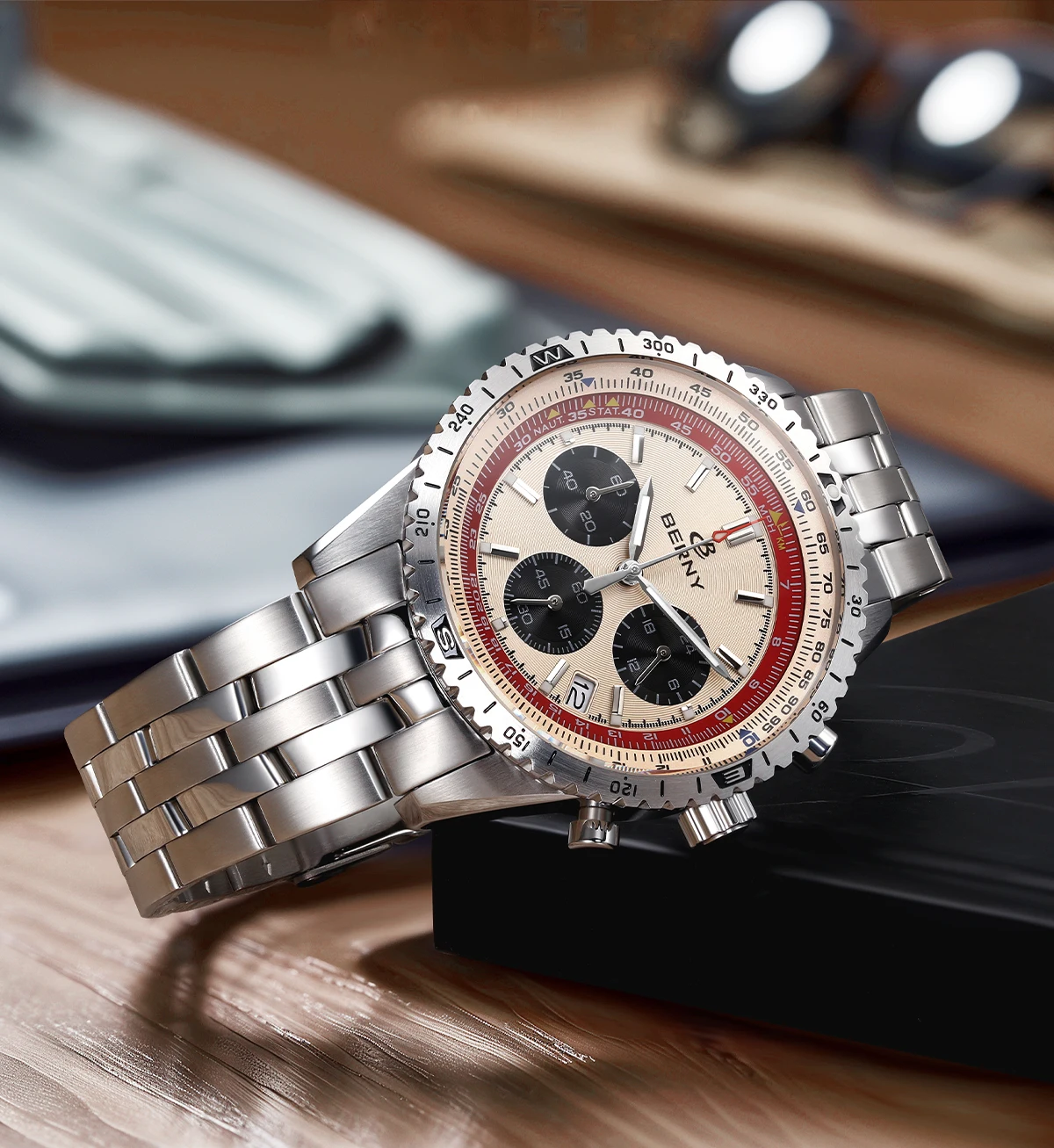 BERNY Chronograph-Uhren für Herren, Luftfahrt-Multifunktions-Quarz-Herrenuhr, Datum, Saphirglas, superleuchtende Luxus-Armbanduhr – Detail 19