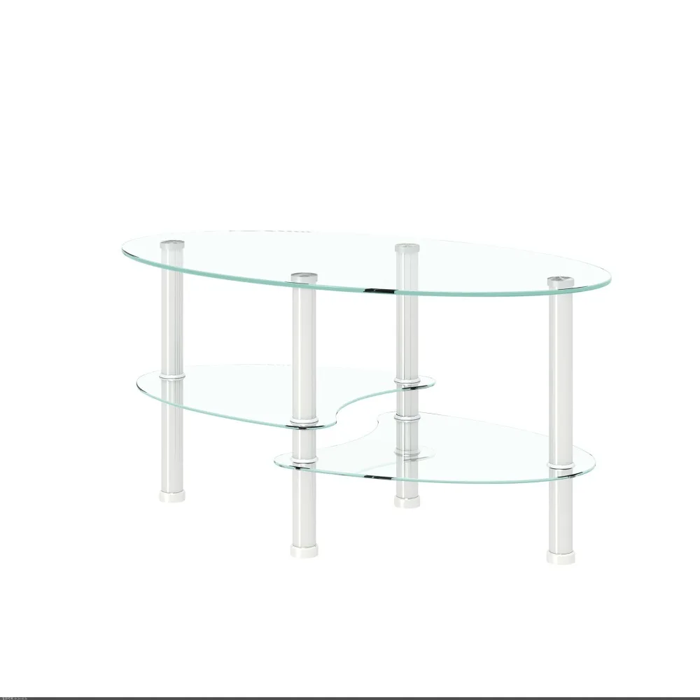 Transparent Oval Glass Coffee Table, Modern Table with Stainless Steel Leg, Tea Table 3-layer Glass Table for Living Room