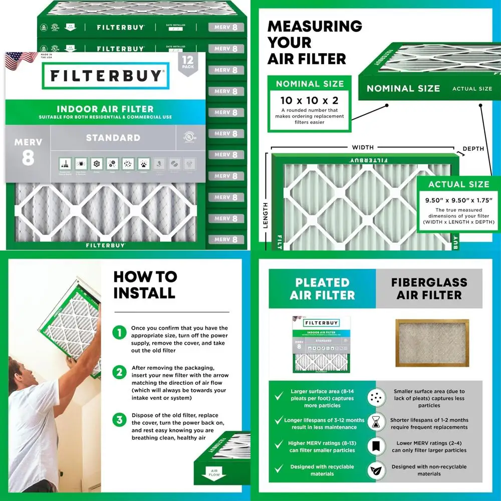 

10x10x2 MERV 8 Pleated Air Filters, Dust Defense Replacement, 12-Pack for HVAC AC Furnace Systems
