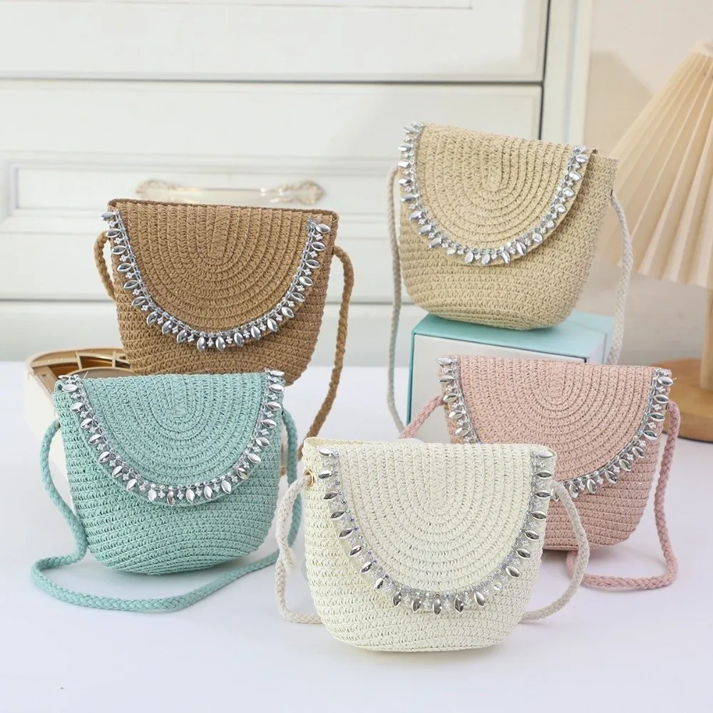 

New Diamond Design Straw Bag Woven Rattan Half Round Handmade Bag Knit Texture Small Purse Shoulder Bag Casual Wear