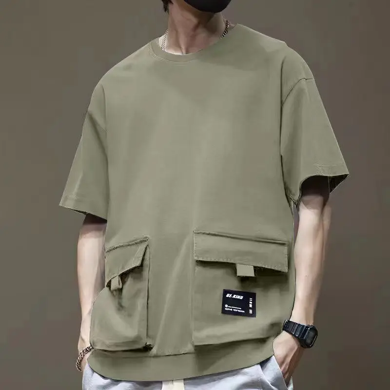 Men Cargo Short Sleeve T-shirt Cotton Round Collar Sports Pocket Running Tee High Street Dropped Shoulder Half Sleeve T-Shirts