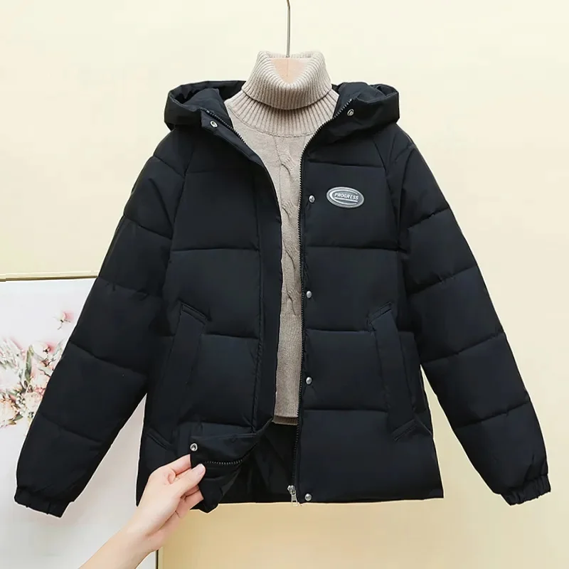 2025 novo inverno feminino curto parka solto algodão-acolchoado jaqueta senhora casacos quentes moda estudante capuz engrossar casaco feminino parkas