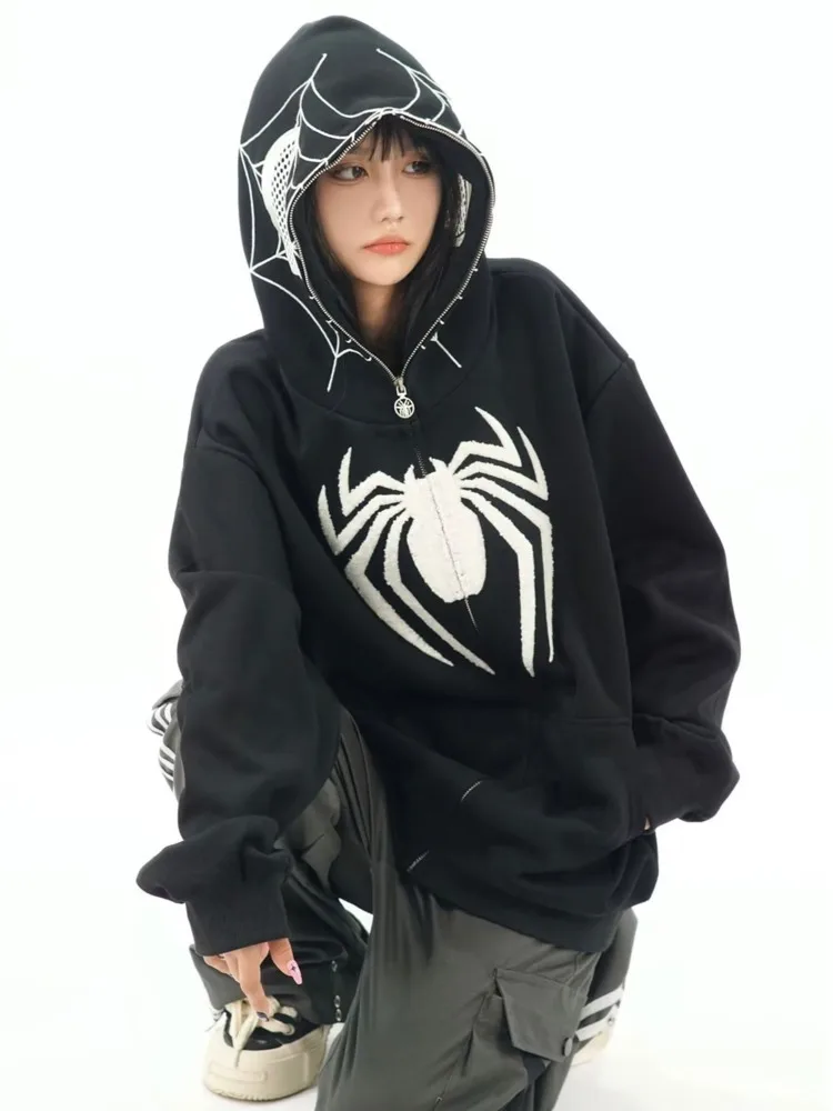 Vintage Embroidery Spider Hoodie Women Men Casual Full Zip Up Hood Shirt Harajuku Streetwear Oversized Sweatshirts Y2K Clothes