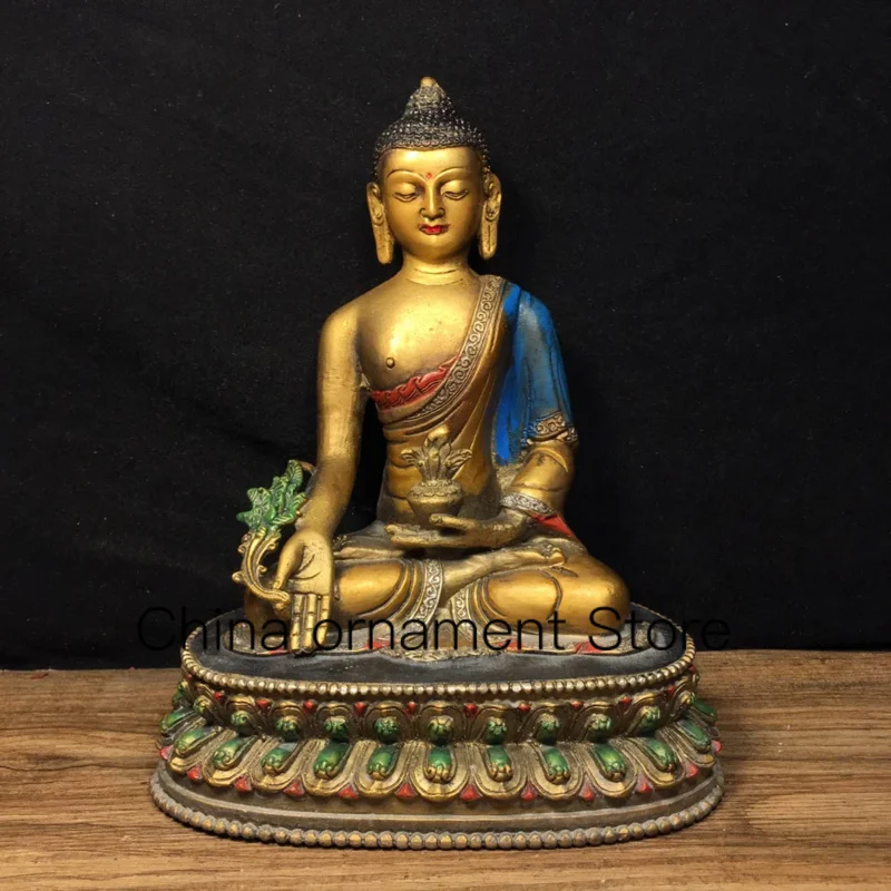 

20.5cm Ancient Nepalese Tibetan Pure Copper Painted Buddha Statue of Shakyamuni Pharmacist Ornament