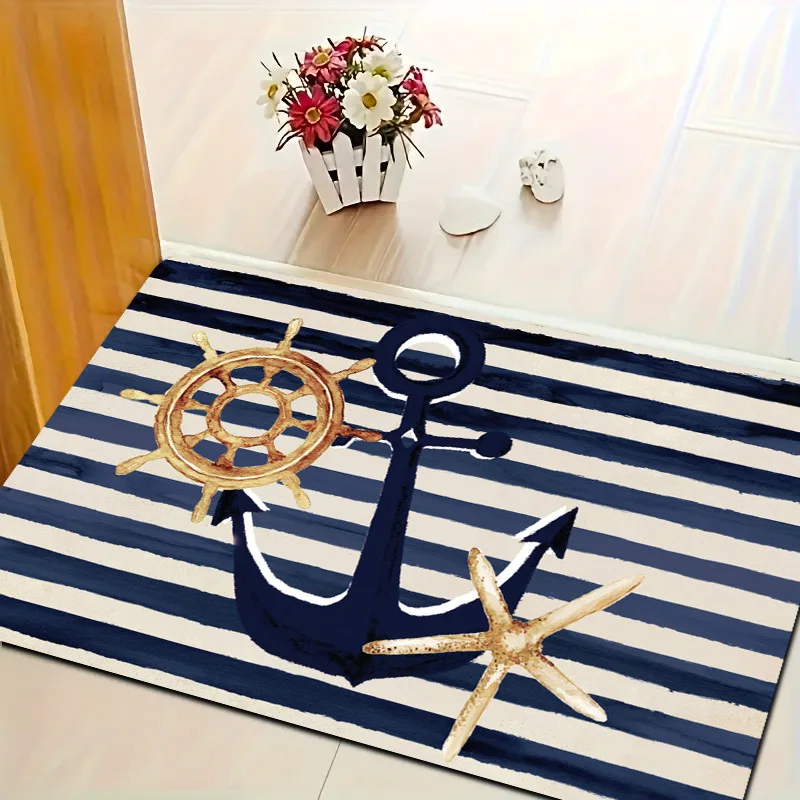 VIKAMA Coastal Style Floor Mat Nautical Anchor Ship Wheel Starfish Pattern Anti‑Slip Washable Doormat Entryway Porch Home Decor