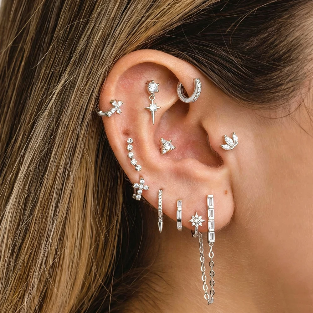 Star Cross Cubic Zirconia Stackable Earring Set for Women CZ Stud Huggie Hoop Dangle Chain Earrings Multipack Piercing Jewelry