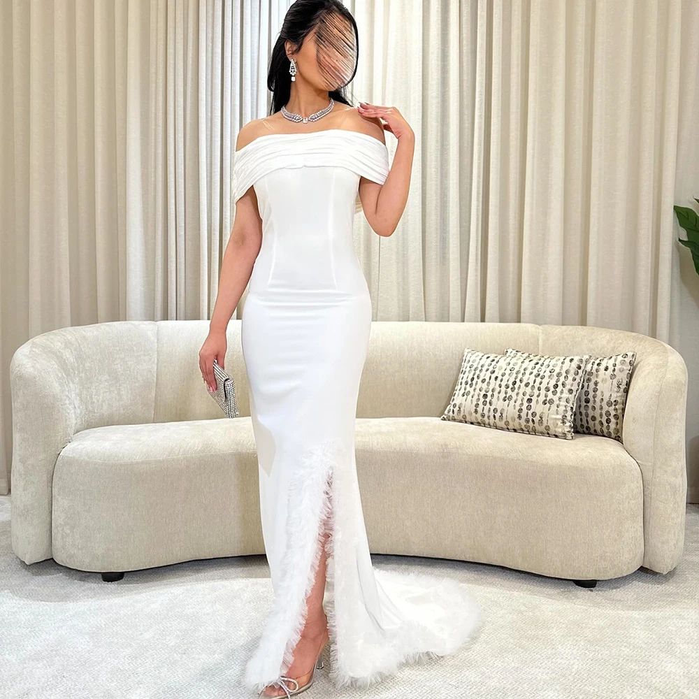 

Customized Off the Shoulder Simple Jersey Evening Dress With Tulle Ruched Sleeveless Party Dress Backless Floor Length Prom Gown